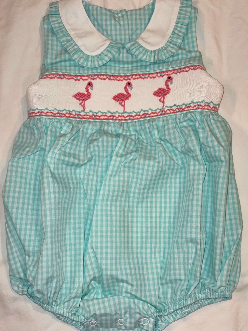 Stitchy Fish smocked & embroidered mint green  flamingo bubble sz 24 months NWT